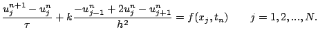 $\displaystyle \dfrac{u_{j}^{n+1} - u_{j}^{n}}{\tau} + k \dfrac{- u_{j-1}^{n}+2u_{j}^{n} - u_{j+1}^{n}}{h^2} = f ( x_{j}, t_{n} ) \qquad j=1,2,...,N.$
