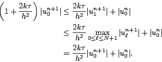 \begin{displaymath}\begin{split}\left(1+\dfrac{2k\tau}{h^2}\right)\vert u_0^{n+1...
...k\tau}{h^2}\vert u_0^{n+1}\vert+\vert u_0^{n}\vert. \end{split}\end{displaymath}